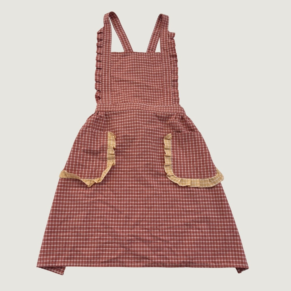 Vintage Style Red Gingham Ruffle Pinafore Apron Cross Back Cottagecore Pocket